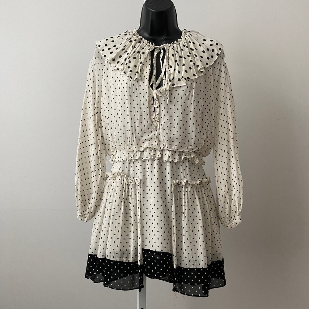 ZARA Cottage XS White Polka‎ Dot Mini Dress Ruffle Collar Boho Chic